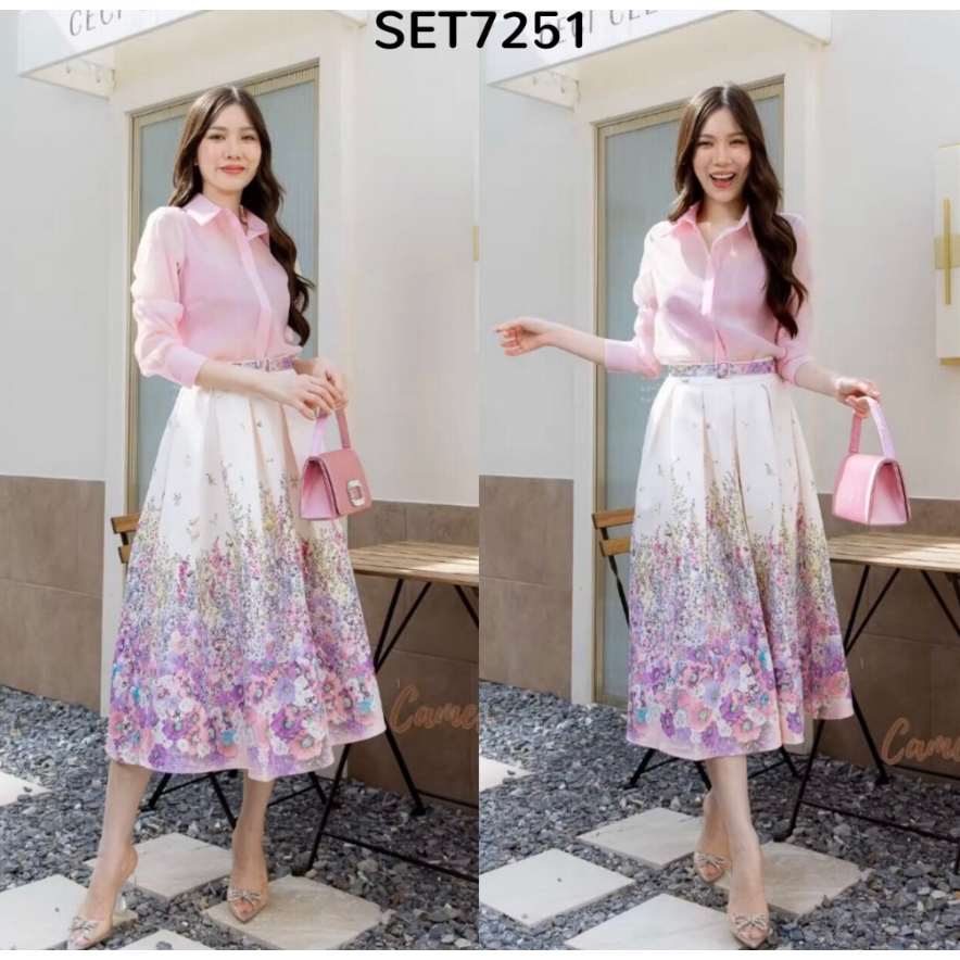 HMC- S7251 CAMELLIA PINK SHIRT N FLORAL SKIRT SET