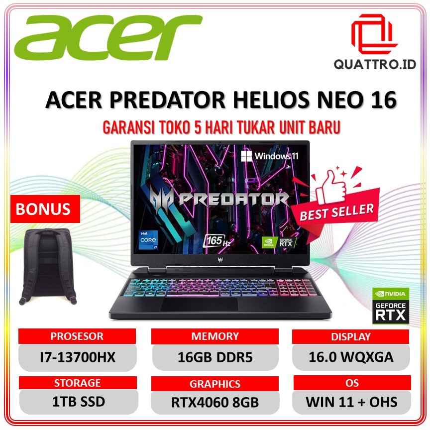 Acer Predator Helios NEO 16 i7-13700HX RTX 4060 8GB/ 16GB 1TB SSD 16.0 WQXGA 165HZ