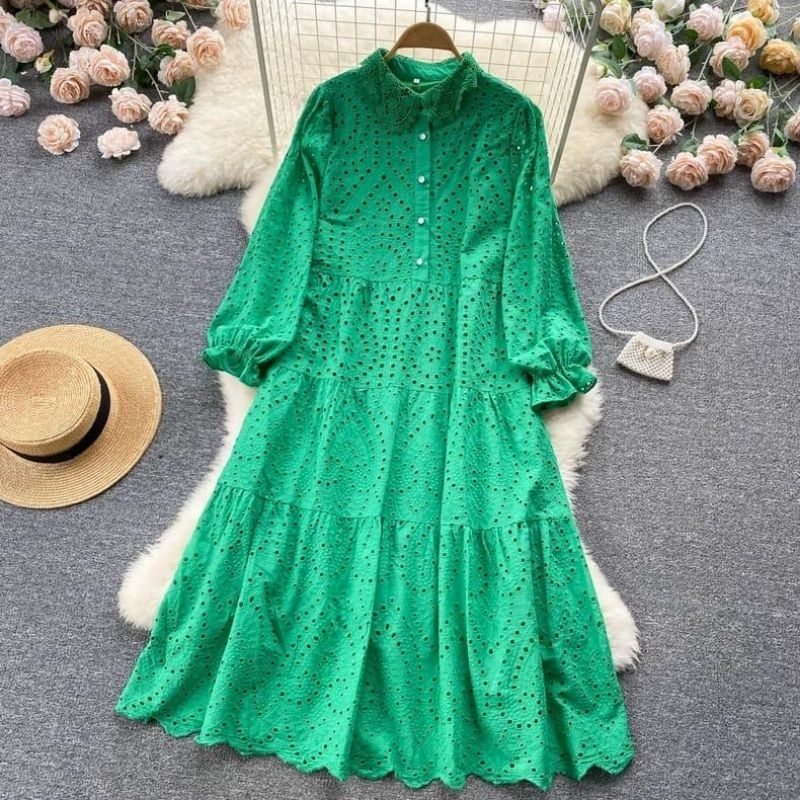 59000 Baju DRESS ZANELE EMBROIDERED COTTON KATBOL katun bolong dres bordir lengan panjang hijau puti