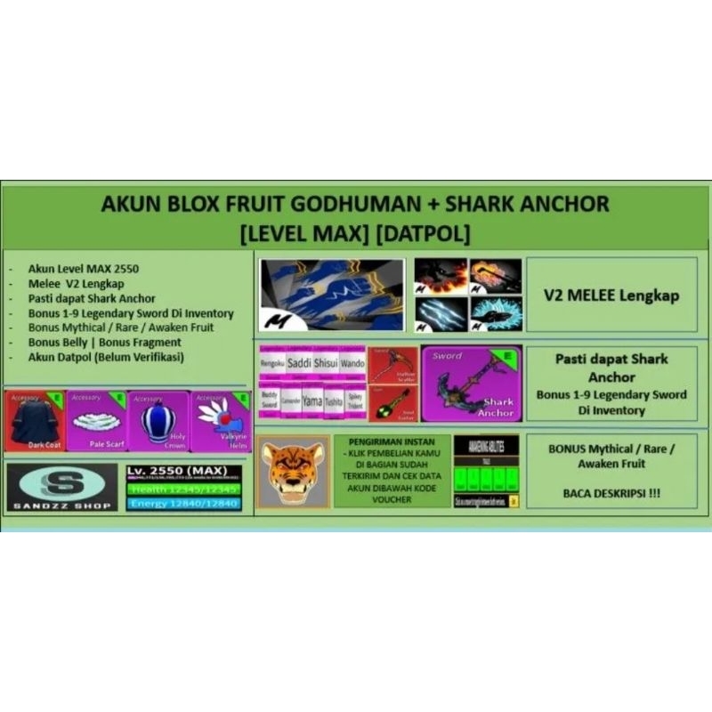 Akun Blox Fruit GODHUMAN + SHARK ANCHOR [Level MAX] [Datpol] [Belum Verifikasi]