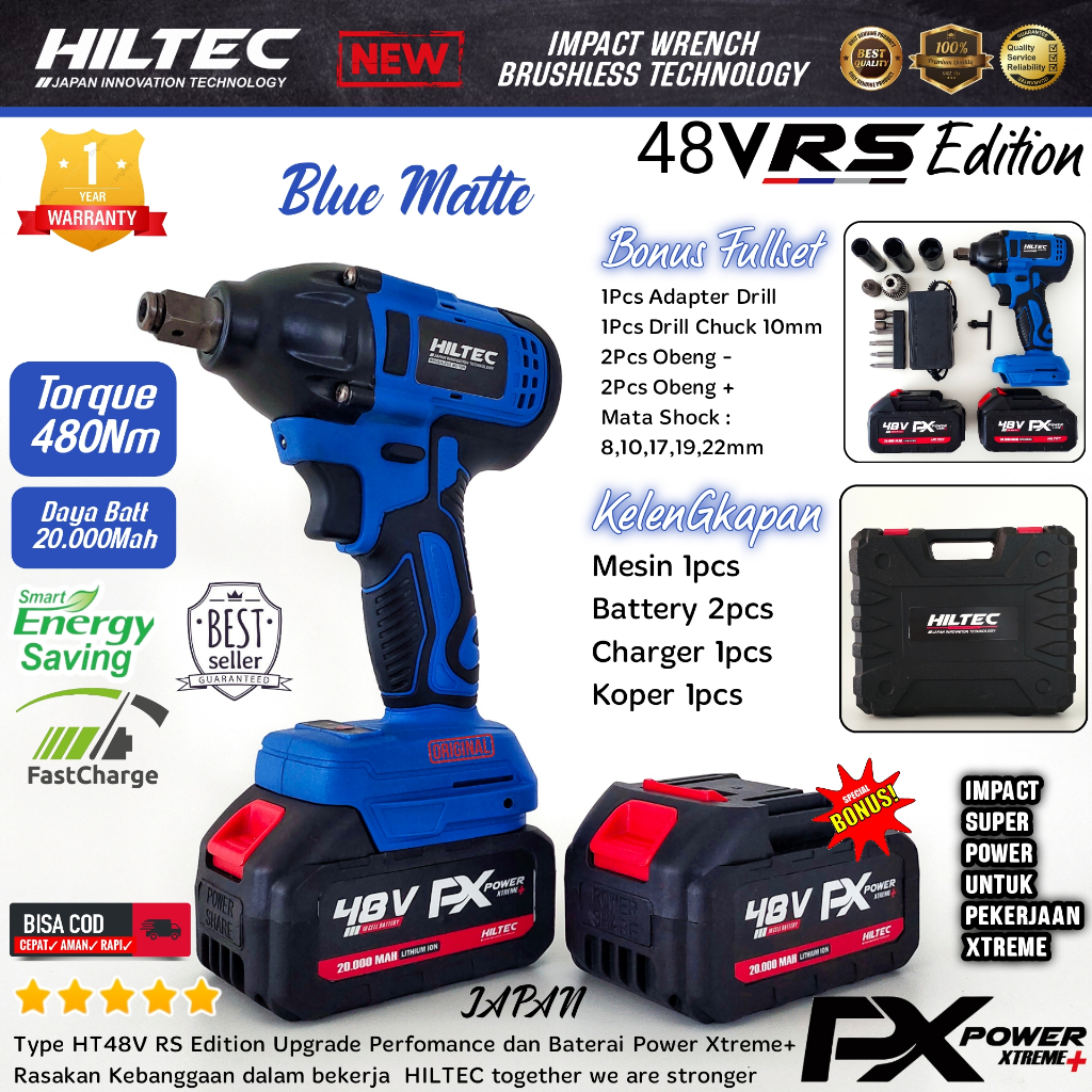 Impact Wrench Mesin Buka Baut Mobil Motor HILTEC 48V RS Blue Matte 480NM 20000MAH FULL BONUS