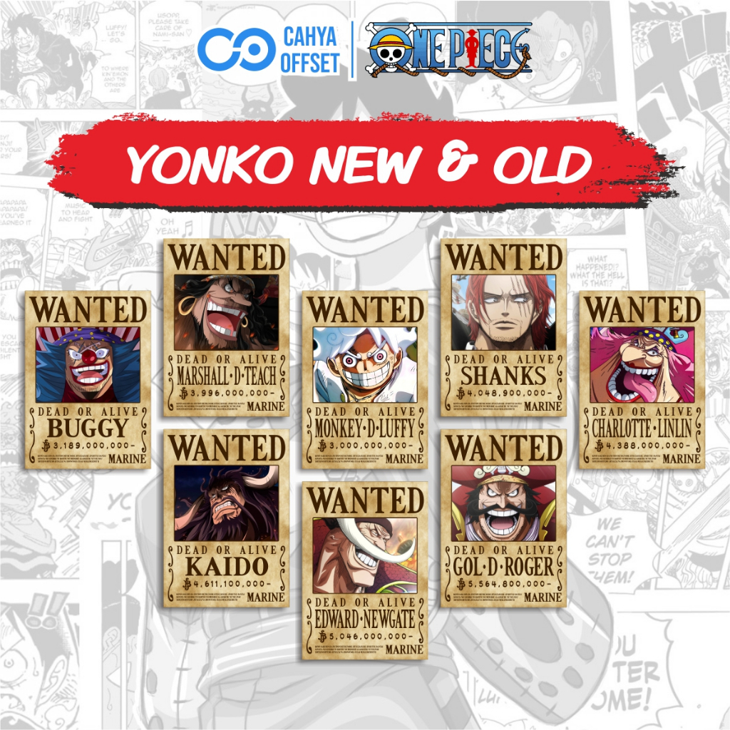 5.5 Cahya Offset - Poster Bounty One Piece Wanted 1 Set (8 Pcs) Yonkou New & Old Yonko Baru dan Lama