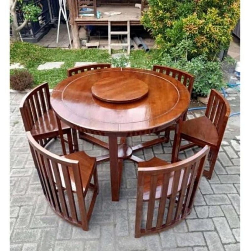MEJA MAKAN BULAT KAYU JATI | MEJA MAKAN BULAT JARI JARI KURSI MAKAN JARI JARI FURNITURE JATI | MEJA 