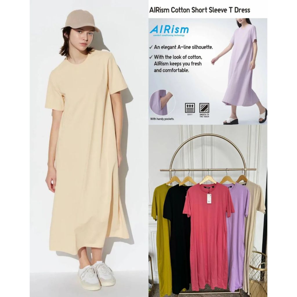 Dress Kaos Wanita Uniqlo AIRism Cotton Short Sleeve T Dress