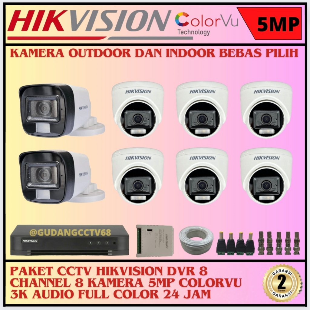 Paket CCTV HIKVISION 8 Channel 8 Camera HIKVISION 5MP Colorvu 3K Full Colour AUDIO SERIES Komplit