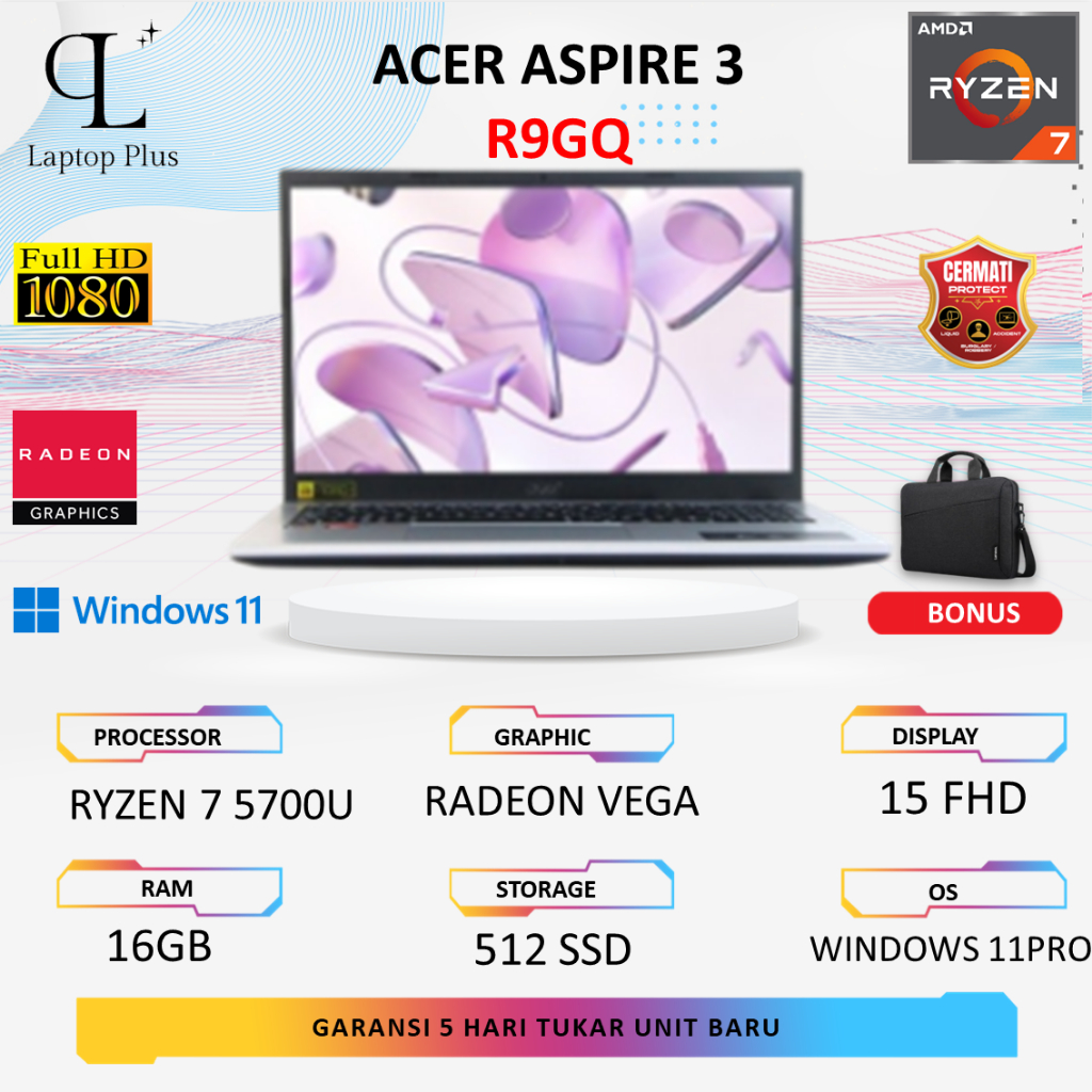 Laptop Acer Aspire 3 A315 Ryzen 7 5700U 16GB 512GB Radeon Vega FHD Win 11 pro