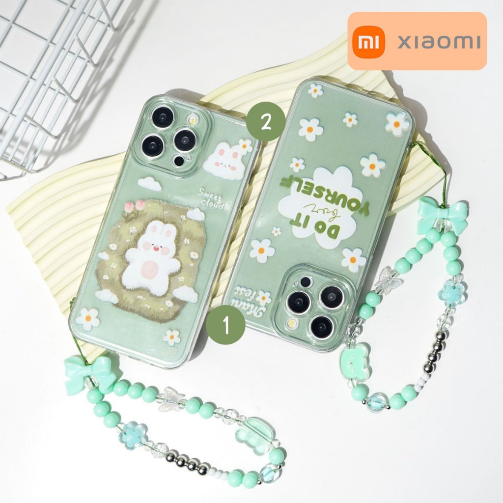 Case Transparan Bening Lucu + Strap Phone Casing Gantungan HP Motif Terbaru Xiaomi Redmi 13C 12 9A 9