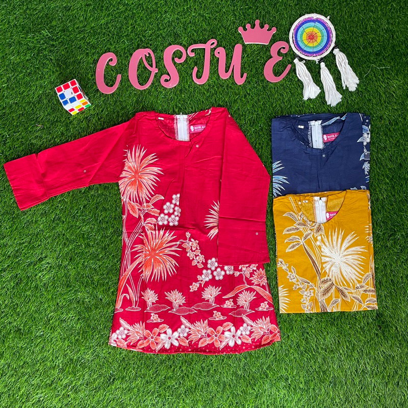 Batik Costume Tunik Batik Anak Perempuan Burung Kecil Mustard Merah Biru Hijau Ungu Tunik Dress Anak