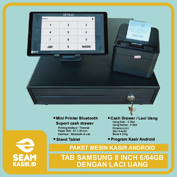 PAKET MESIN KASIR POS ANDROID TABLET/TAB SAMSUNG 8 Inch 4/64GB - PAKET LENGKAP : Tab, Laci Uang/Cash