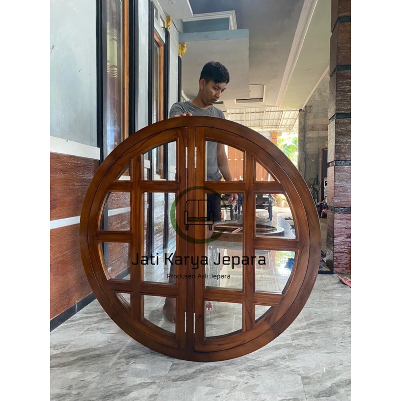 Kusen Jendela Bundar 120cm 12x6xm Kayu Jati Solid Buka  Pintu 2 Solid Free Ongkir Jawa & Bali ( Berg