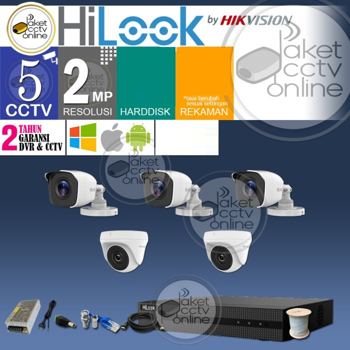 Paket CCTV HiLook by Hikvision 2MP DVR 8 Channel 5 Kamera Siap Pasang - Berry CCTV