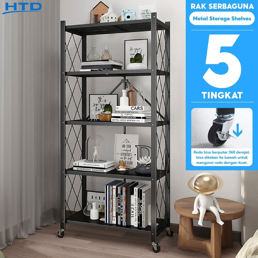 HTD SPORT RAK BESI SUSUN LIPAT 5 TINGKAT RODA MULTIFUNGSI RAK PORTABLE DAPUR