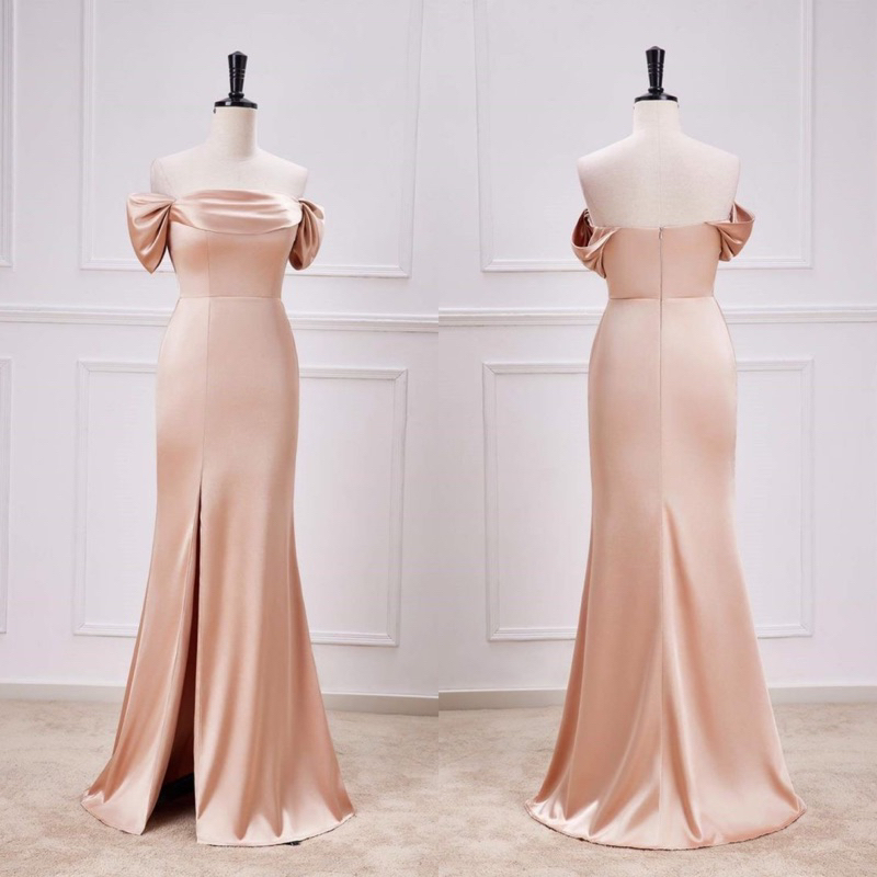 MISSA GOWN - Dress pesta wanita satin maxi dresses gold slit longdress sabrina off shoulder gaun pan