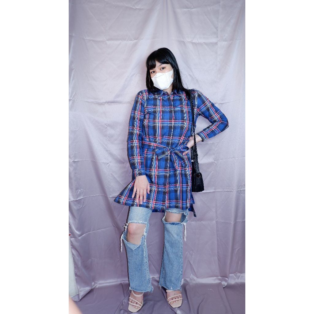 Baju Muslim Tunik Motif Kotak + Ikat Pinggang OLC Atasan Wanita