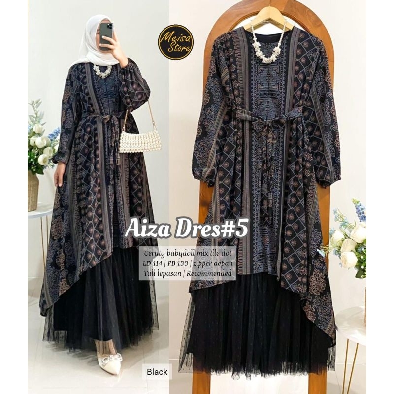 AIZA  DRESS #5 | dress ceruty babydoll mix tile dot | gamis ori premium kekinian | gamis lebaran tre