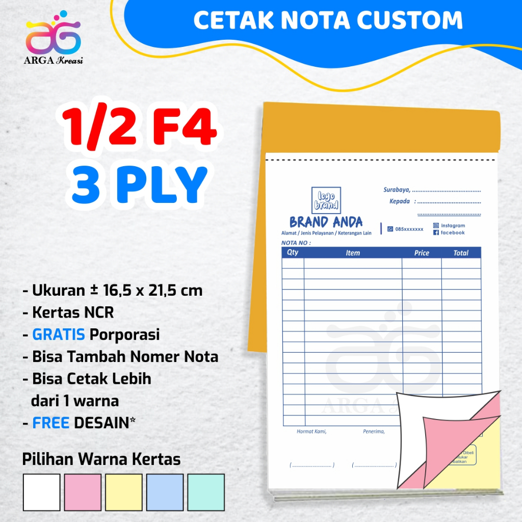 

Cetak Nota 3 Ply Custom 1/2 F4 A5 NCR Tanda Terima 3 Rangkap Surat Jalan Bon Invoice