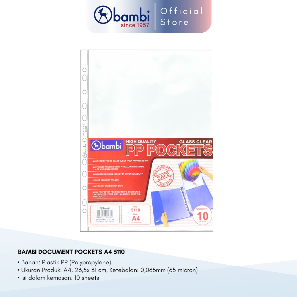 

Bambi Document Pocket A4 Isi 10 Lembar Ketebalan 0.06 mic Tipe Transparant Sleeve Original