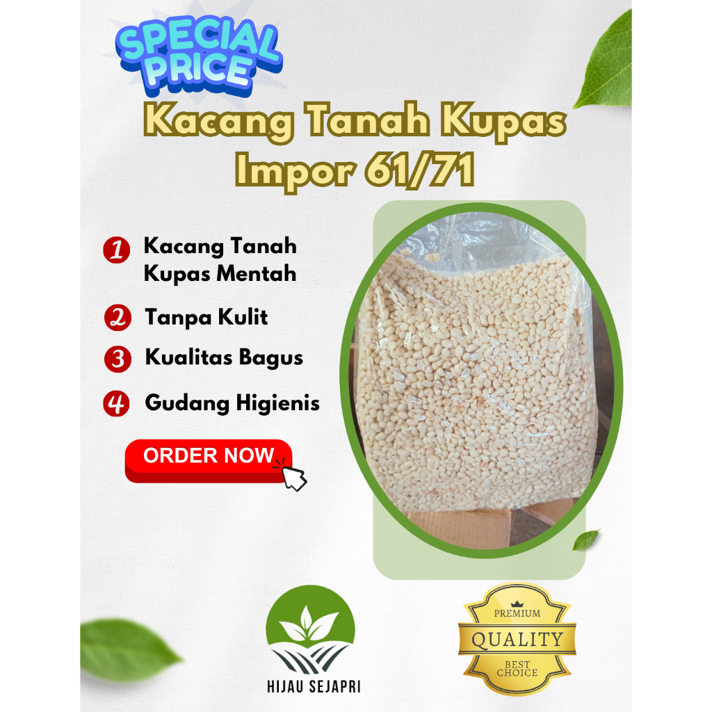 

Kacang Tanah Kupas Bersih Mentah Import 61/71 (Ukuran Kecil) 500 gr