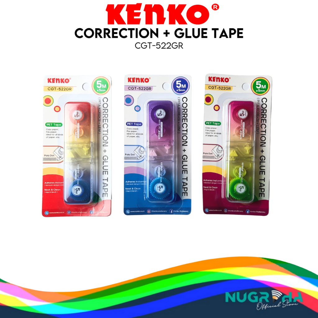 

KENKO Correction Tape + Glue Tape 2in1 CGT-522GR Pita Koreksi dan Pita Lem 5M x 5mm