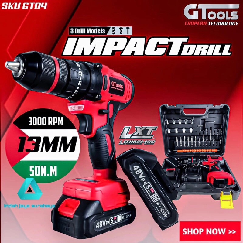 Promo Mesin bor baterai impact gtools eropa type gt04 48VF brushless 13mm fullset koper dan aksesori