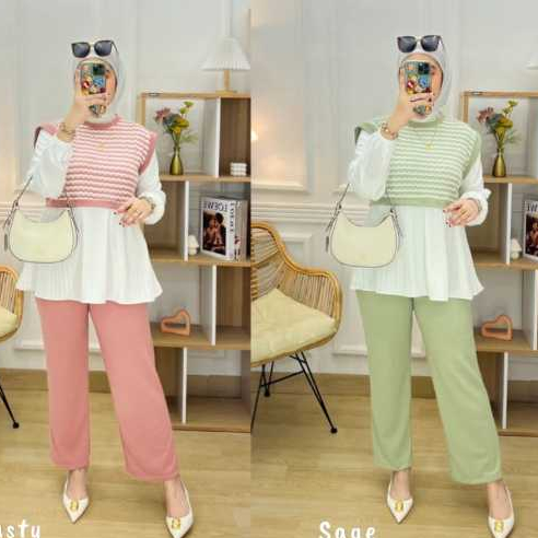 setcel muslim wanita kaos knit rajut kombinasi