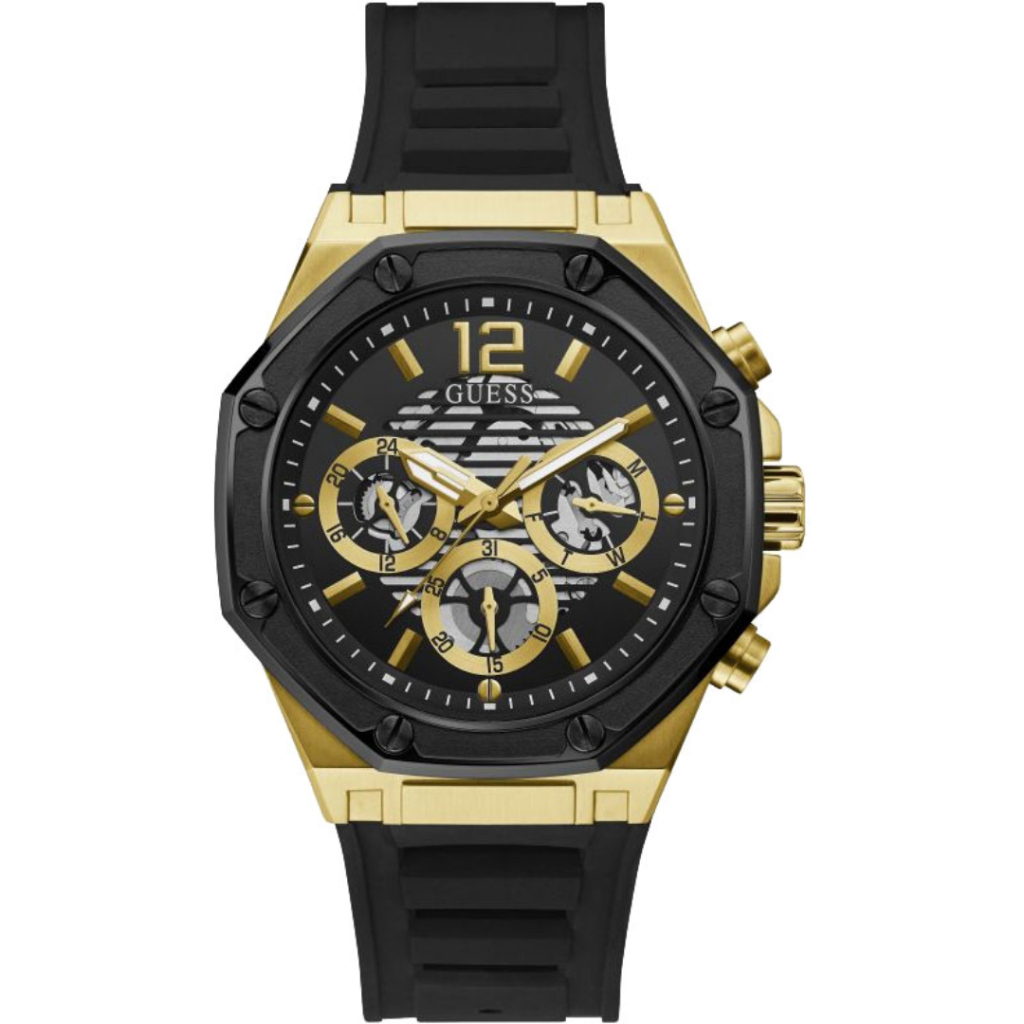 JAM TANGAN PRIA GUESS GW0263G1 GW0263 G1 MOMETUM ANALOG BLACK GOLD RESIN/ SILICONE/ RUBBER STRAP