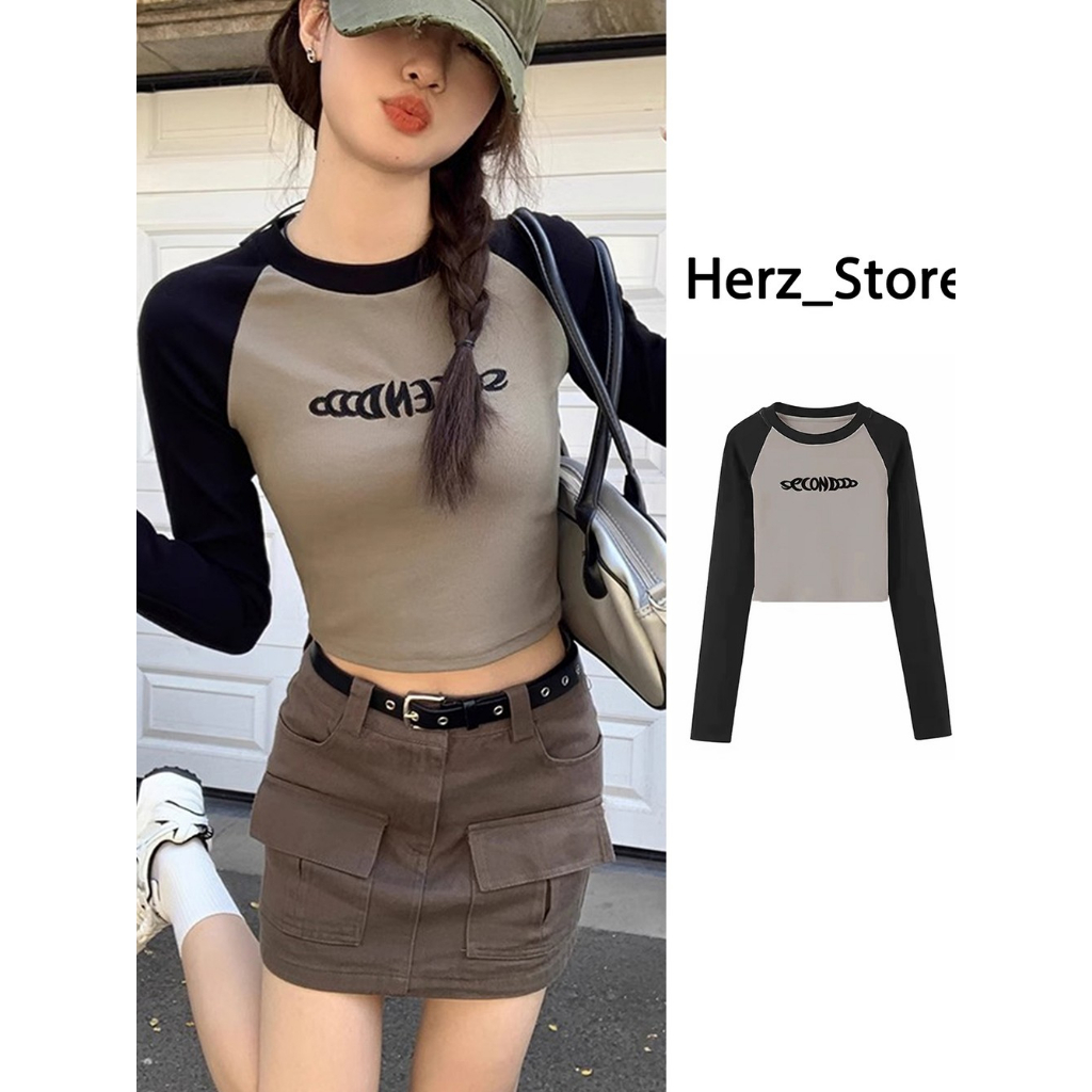 Kaos Raglan Amerika Wanita Lengan Panjang Bermotif Bordir Rajutan Atasan Hitam Retro T Shirt Crop To