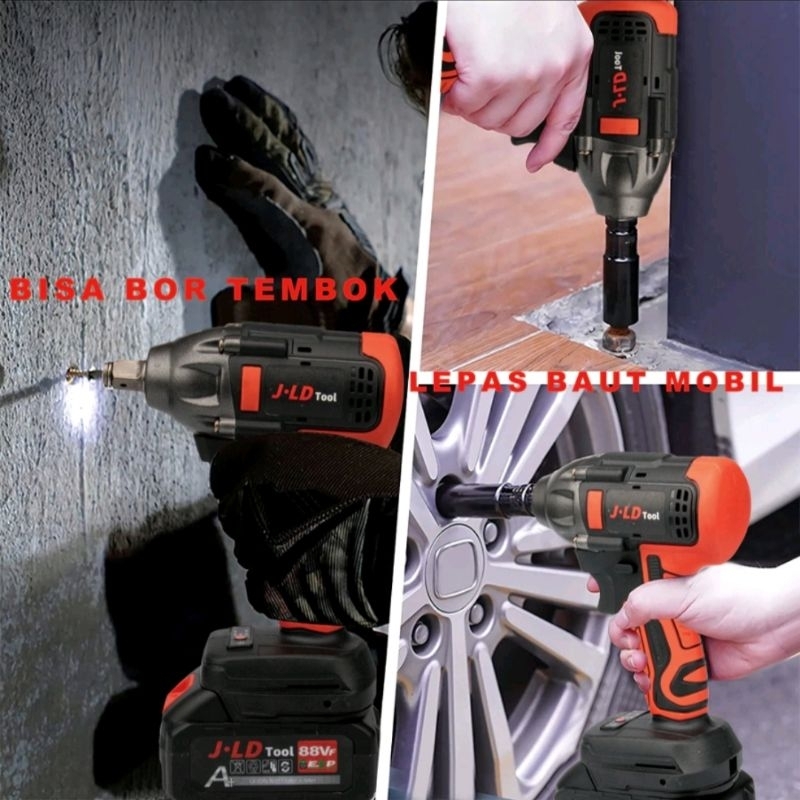 JLD 88VF Brushless Mesin Bor Impact Baterai 13MM Cordless Impact Wrench Impact JLD JV88 2Baterai Imp