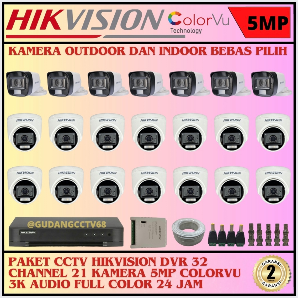 PAKET CCTV HIKVISION DVR 32 CHANNEL 21 KAMERA HIKVISION 5MP FULL COLOUR 3K COLORVU AUDIO SERIES