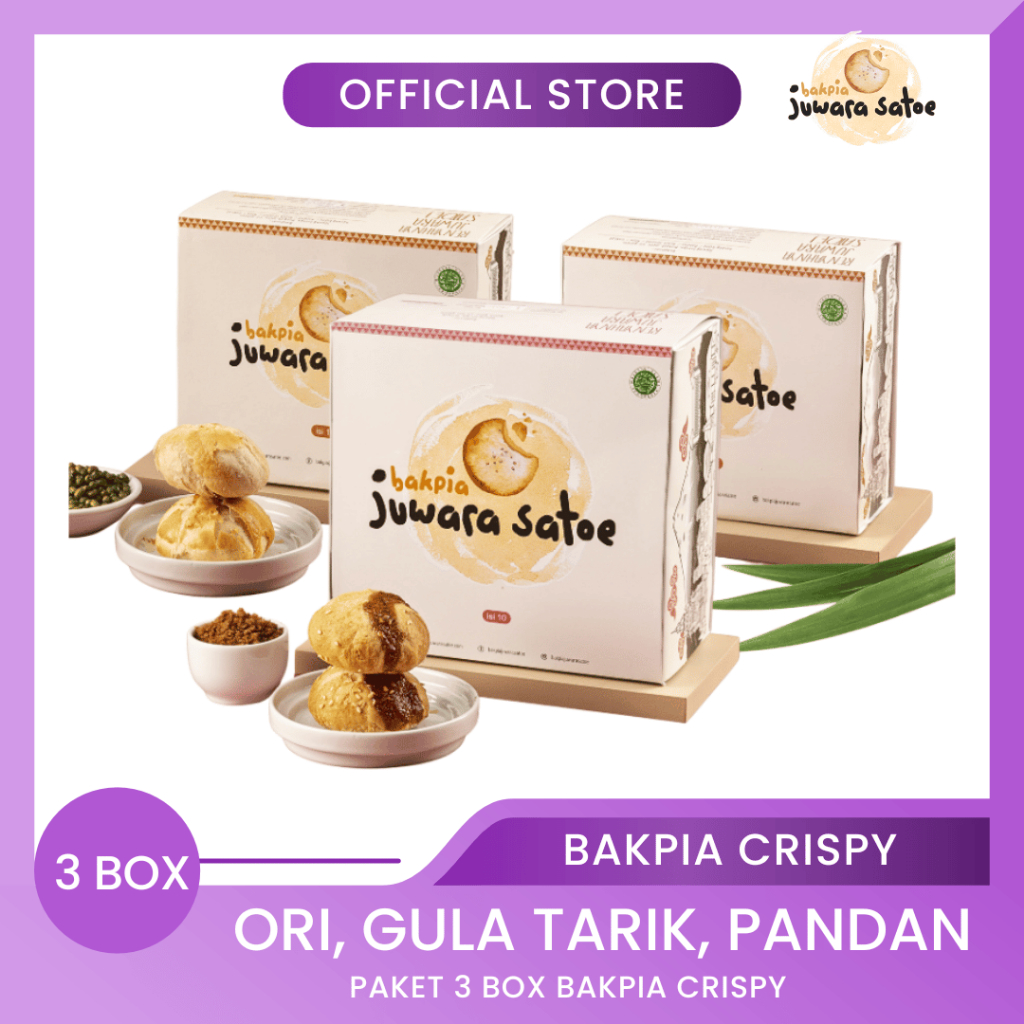 

BAKPIA JUWARA SATOE [ 3 Box ] Paket Bakpia Crispy (Original, Gula Tarik, Pandan) - Oleh Oleh Khas Jogja