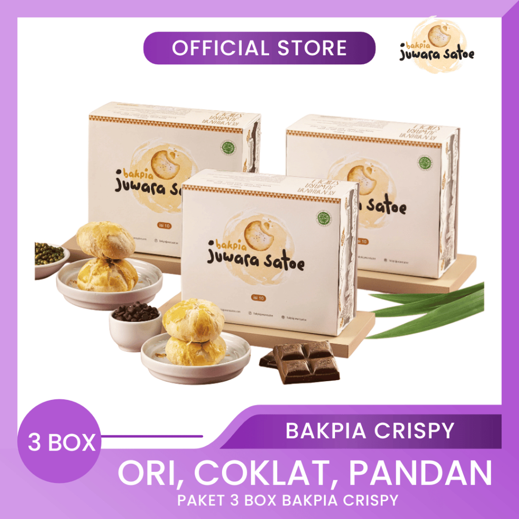 

BAKPIA JUWARA SATOE [ 3 Box ] Paket Bakpia Crispy (Original, Coklat, Pandan) - Oleh Oleh Khas Jogja