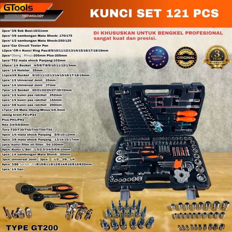 Kunci ring pas set socket shock sok L bintang obeng toolkit GTOOLS Eropa GT200 121pc rachet wrench