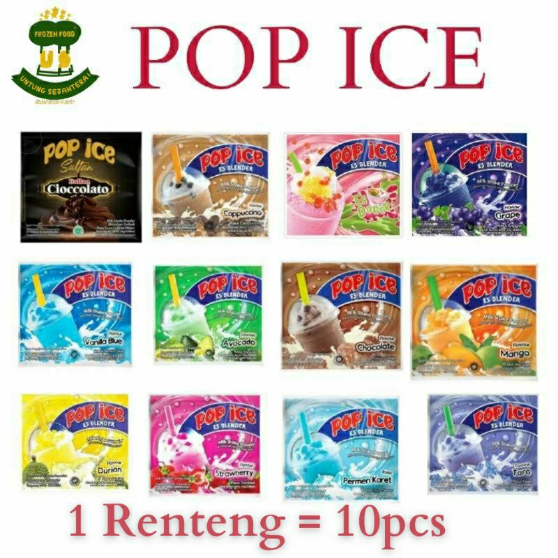 

Pop Ice Renteng Minuman Dengan Serbuk Pop Ice Blend minuman Rasa Anggur Permen Karet Chocolate Cappucino Stawberry Doger Vanilla Blue Durian Lecy Mangga Avocado Italian Choco Taro