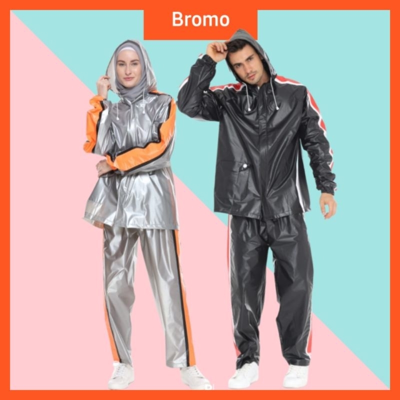 Setelan Jas Hujan Celana Unisex Pria Wanita Laki Perempuan Hitam Silver Kombinasi Simpel