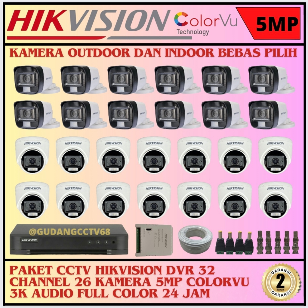 PAKET CCTV HIKVISION DVR 32 CHANNEL 26 CAMERA HIKVISION 5MP FULL COLOUR 3K COLORVU AUDIO SERIES