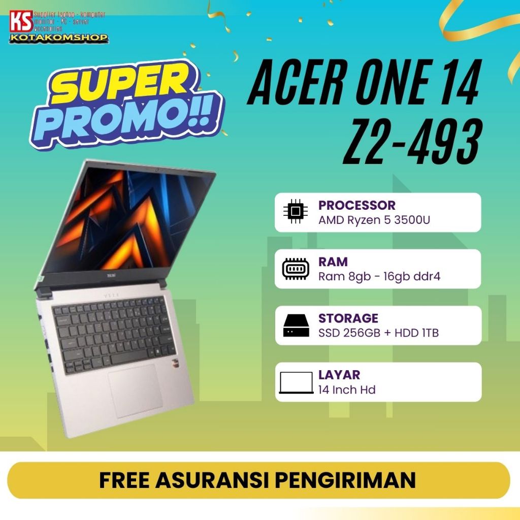 PROMO Laptop Acer One 14 Z2-493 Ryzen 5 3500u Ram 16Gb Ssd 256Gb + Hdd 1Tb 14" Hd - Laptop Acer Gaming