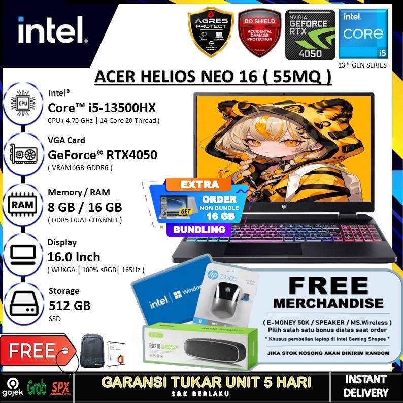 Acer Predator Helios Neo PHN16 - RTX4050 CORE I5 13500HX ( GEN 13 ) 8GB 512GB 16.0" WUXGA 165HZ 100% SRGB 4ZRGB BACKLIT