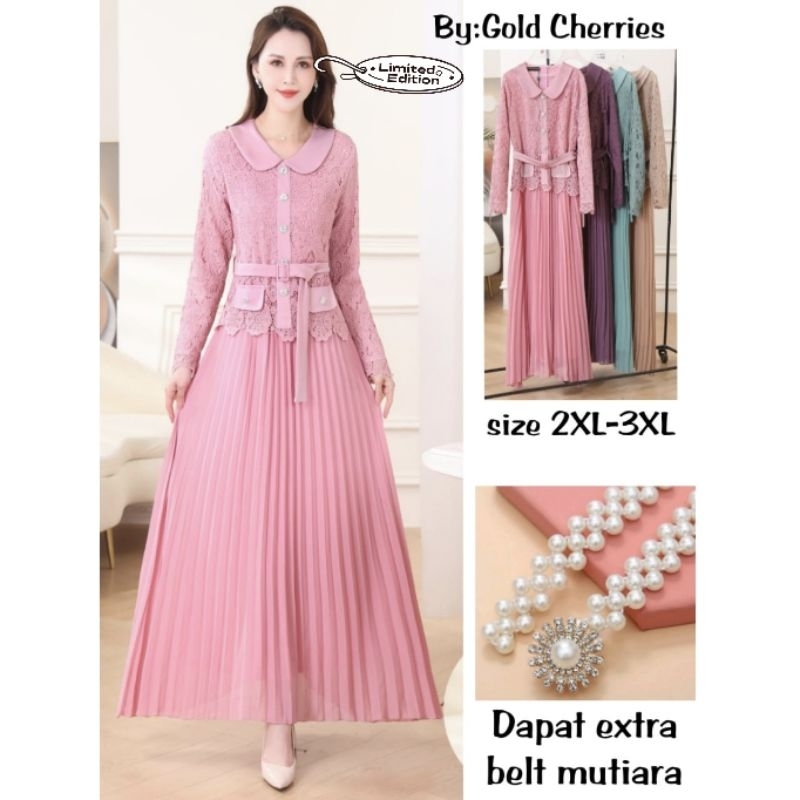 Gamis Maxi Dress Premium Import Gold Cheries Brukat Double Belt (FCODI1248)