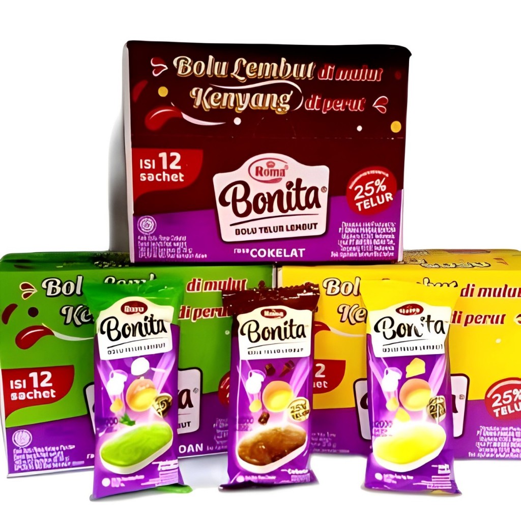 

ROMA BOLU BONITA Rasa Cokelat/Keju susu/Pandan kelapa/ Bolu Bonita 1 Dus Harga Murah Cemilan sehat