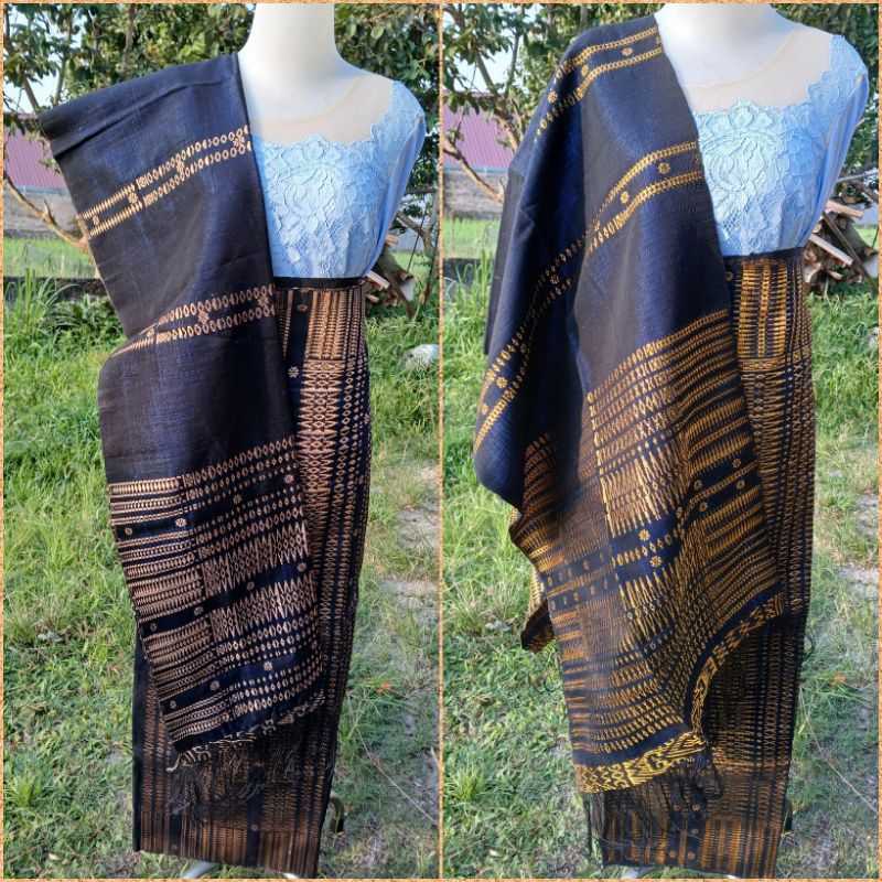 SONGKET PUCCA BINTIK TABUR BUNGA NAVY GOLD TENUN TANGAN TARUTUNG TRADISIONAL MANUAL BATAK BIRU SONGK