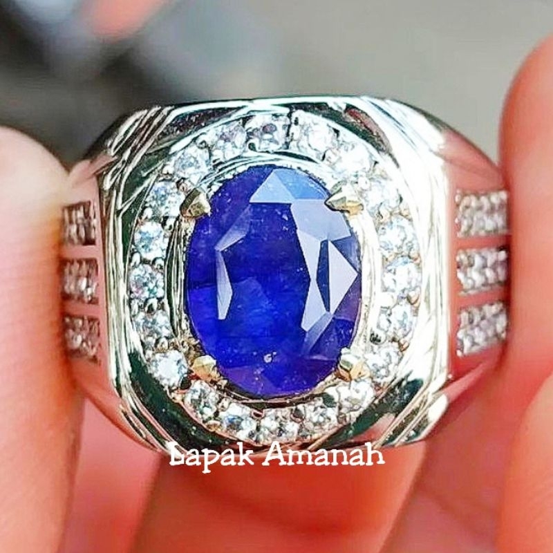 Cincin Batu Natural Blue Safir Corundum Asli Top Kristal