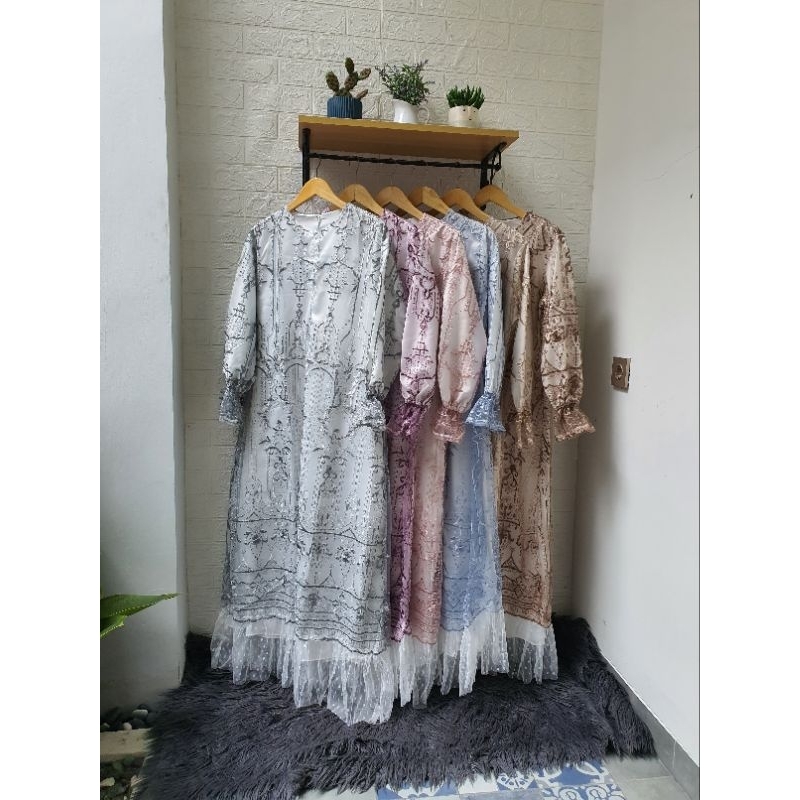 GAMIS KOMBINASI LANGSUNG LACE SATIN BRUKAT LEBARAN WANITA #GM17