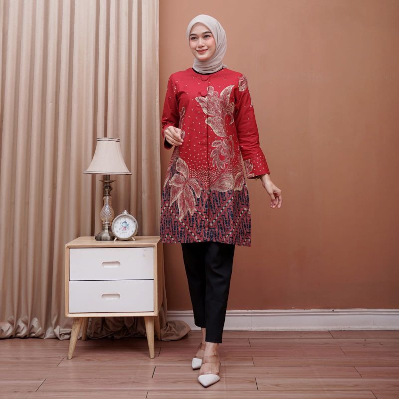 Tunik batik premium baju batik berlapis furing trikot kancing aktif tunik batik premium