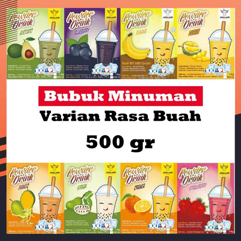 

Bubuk Minuman Reguler Javaland Varian Rasa Buah 500gr / Bubuk Minuman Kekinian