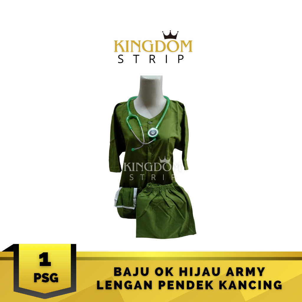 Baju OK Hijau Army Lengan Pendek Baju Kancing Celana Karet