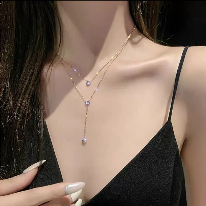 KALUNG WANITA 2 LAYER LIONTIN PEMATA/KALUNG TITANIUM LAPIS EMAS WANITA KOREA KALUNG