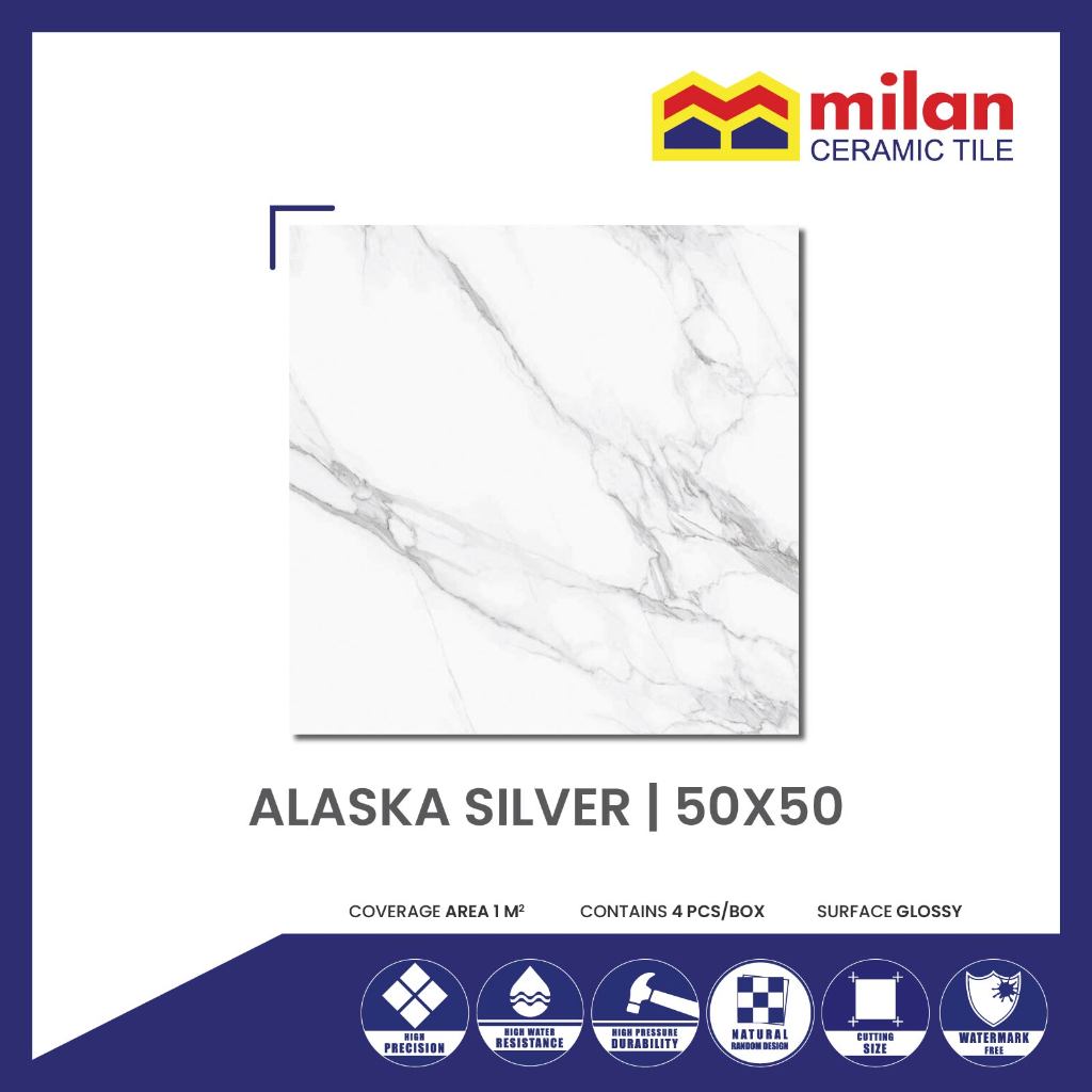 MilanTiles - MILAN Alaska Silver 50x50 Keramik Lantai Motif Marmer Natural Glossy