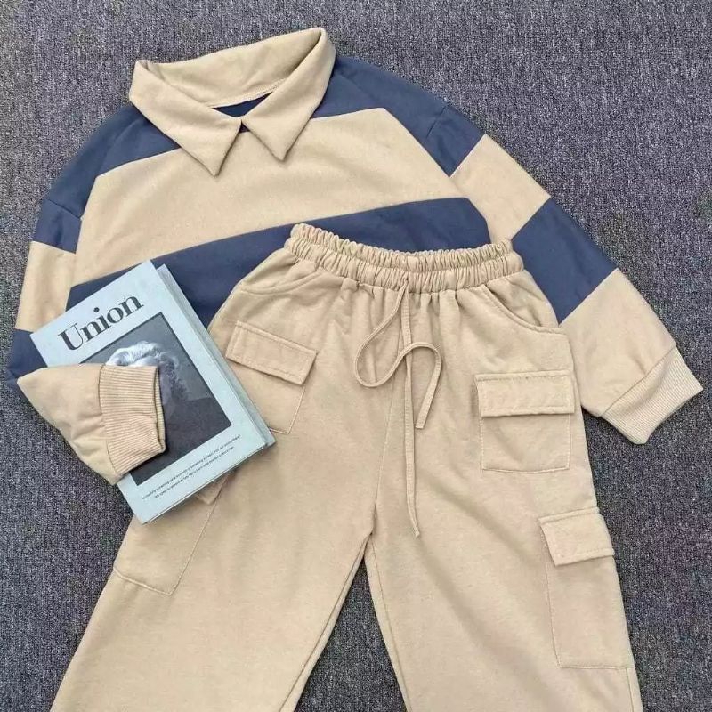 Setelan Jihoo Sweater Belang Crop Wanita Korea/ One Set Wanita/ Satu Set Pakaian Wanita Terbaru