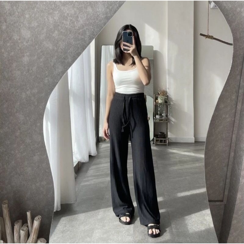 Celana Kulot Plisket Karet Hitam, Lilac tanpa tali dan Putih tanpa tali