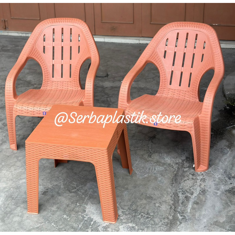 Set 2 KURSI + 1 MEJA / set tikar kursi tebal santai plastik motif tikat anyaman plastik meja cafe le